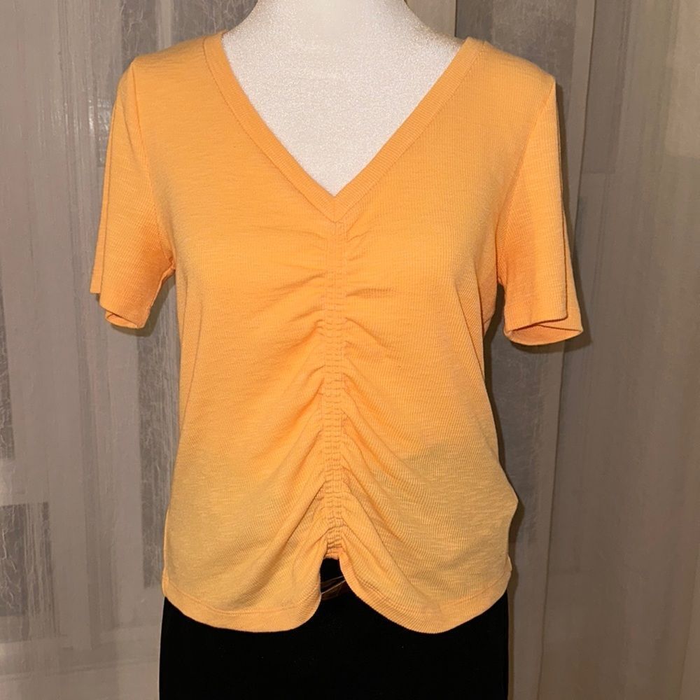 GAP S Orange Ribbed V-Neck Short Sleeve Ruched Front Tee - Picture 3 of 12